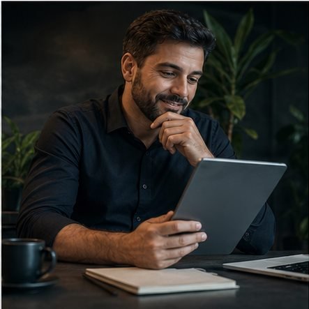 Empresário avaliando uma proposta com segurança