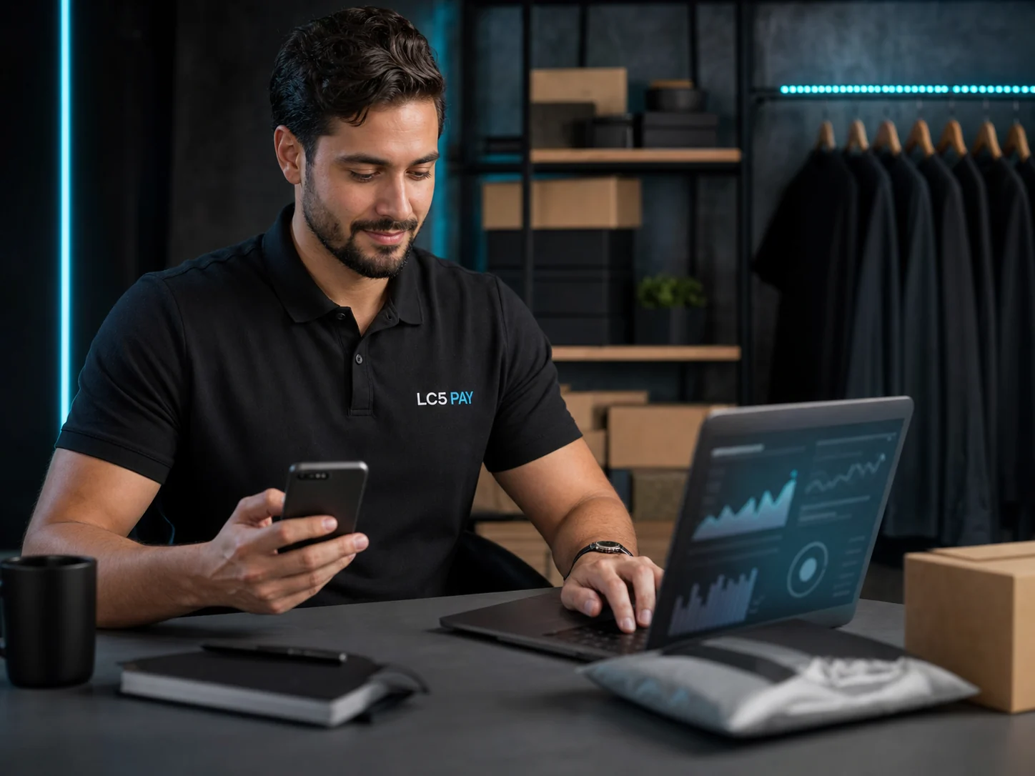 Empreendedor digital trabalhando com tecnologia LC5 PAY